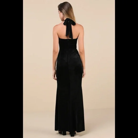 NWT LULUS Luxurious Statement Black Velour Halter Mermaid Maxi Dress - Picture 2 of 4